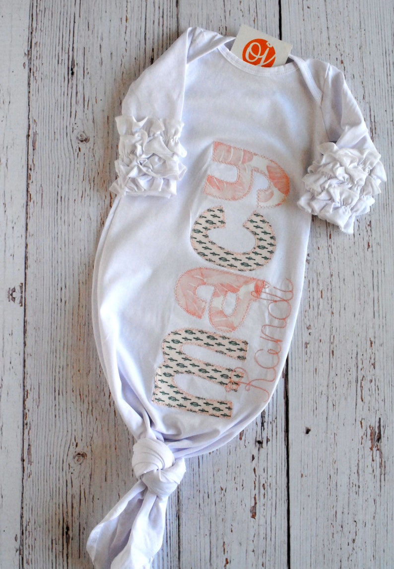 Personalized Baby Girl Gift Set Blush Pink and Cactus Themed Bow Headband Ruffled Knot Gown Personalized Burp Cloths