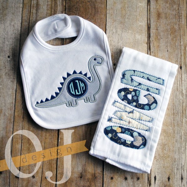 Personalized Baby Bib and Burp Cloth - Classic Baby -  Newborn - Infant Burp Cloth and Bib - Gray and Blue Dinosaur - Monogram Bib