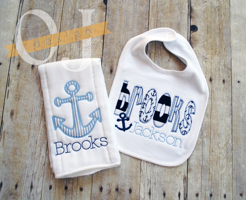 Nautical Personalized Name Boy Nautical Anchor Burp and Bib Set Seersucker Navy Blue and White Anchor Infant Burp Cloth and Bib Set