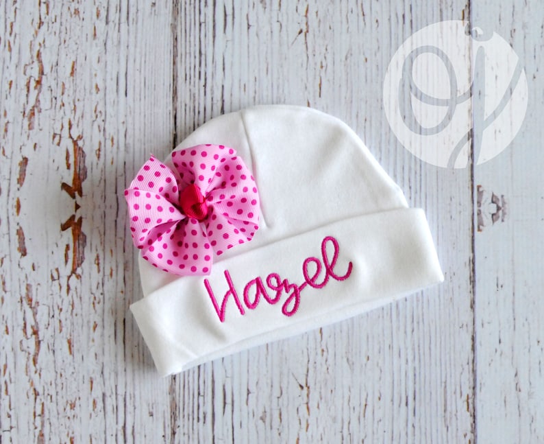 Personalized Infant Gown Baby Shower Fuchsia Pink and Aqua Newborn Hospital Set Personalized Bow Hat Infant Gown