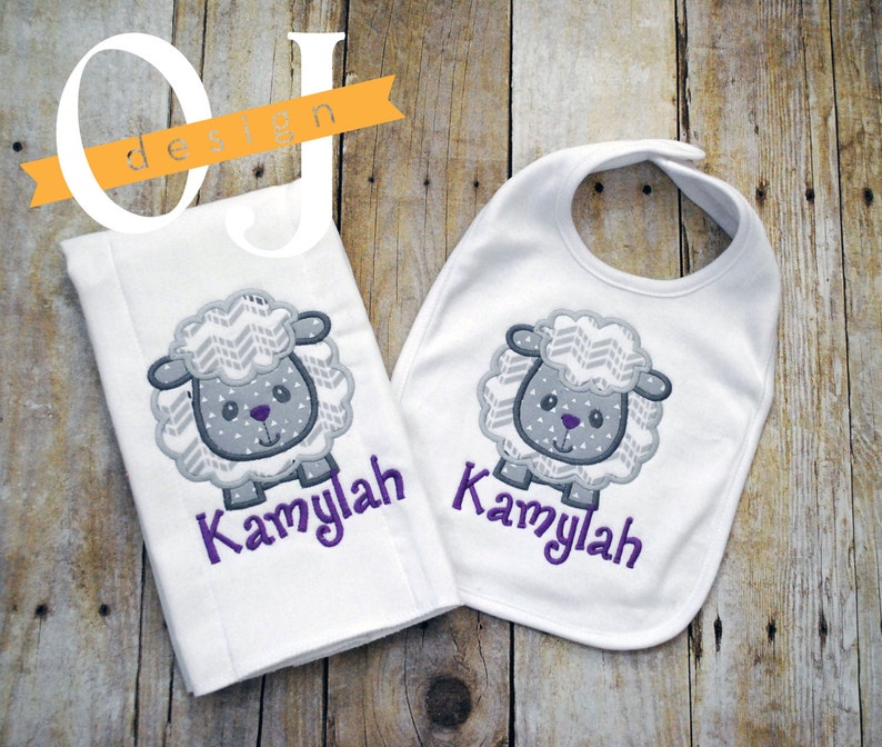 Newborn Hat Gray Purple Lamb Personalized Baby Girl Gift Set Bib Newborn Gift Set Infant Gown Baby Shower Burp Cloth