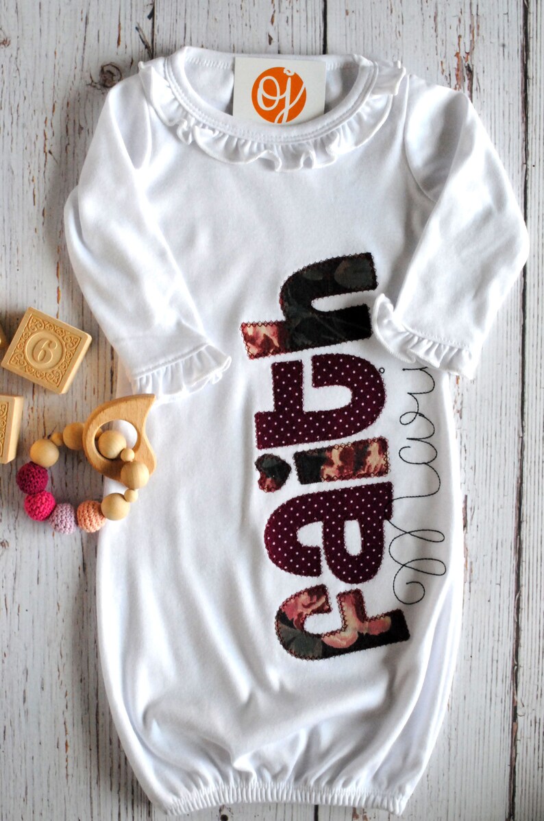 Personalized Newborn Gown and Striped Knot Hat NEW Knot Hat Pink and Gary Floral Baby Shower Infant Gown Newborn Hospital Set