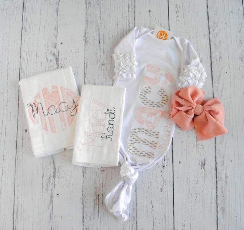 Personalized Baby Girl Gift Set Blush Pink and Cactus Themed Bow Headband Ruffled Knot Gown Personalized Burp Cloths