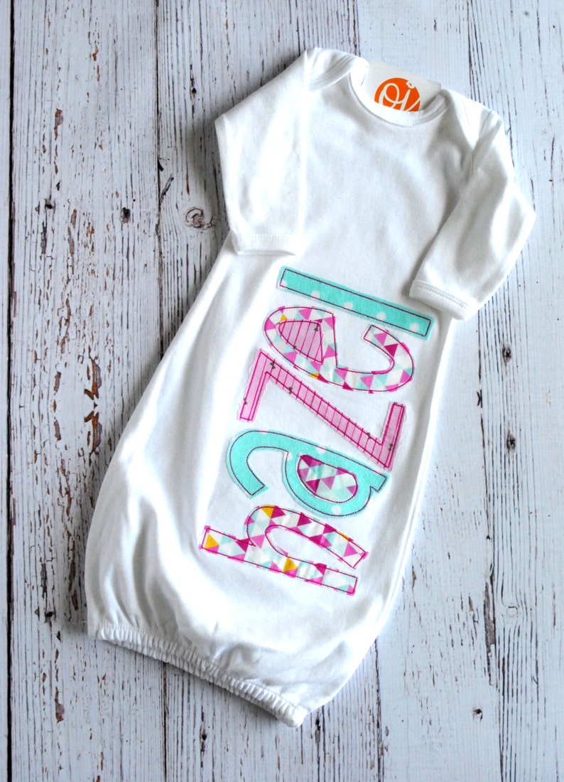 Personalized Infant Gown Baby Shower Fuchsia Pink and Aqua Newborn Hospital Set Personalized Bow Hat Infant Gown