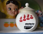 Vintage Fire King Milk Glass - Vitrock Red Flower Pots - milk glass kitchen collectibles - Greese Jar