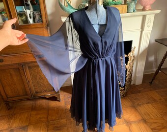navy chiffon dress with sleeves