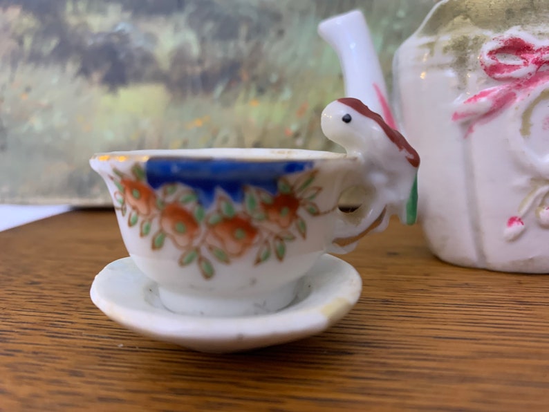 2 cups and saucers tea pot occupied Japan Vintage childrens tea set mix matched