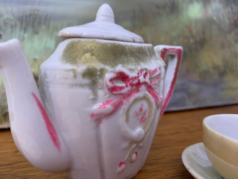 2 cups and saucers tea pot occupied Japan Vintage childrens tea set mix matched