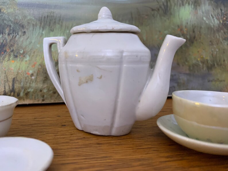 2 cups and saucers tea pot occupied Japan Vintage childrens tea set mix matched