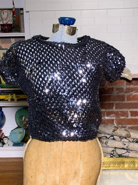 medium - Great black Disco Vintage Sequin Top - image 2