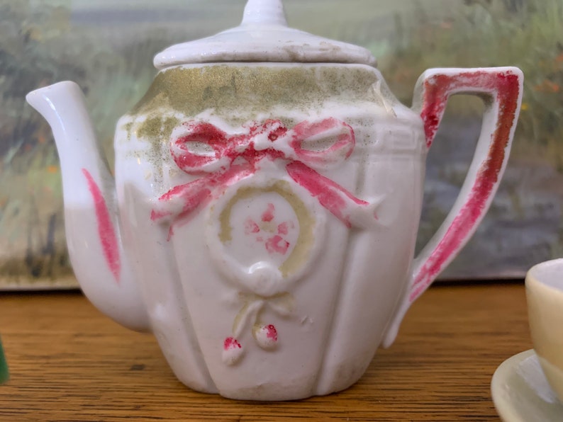 2 cups and saucers tea pot occupied Japan Vintage childrens tea set mix matched