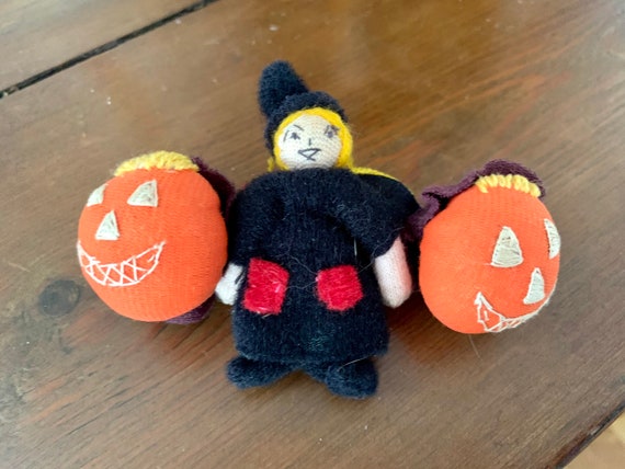 Vintage Glass Halloween witch with Pumpkins hair … - image 1