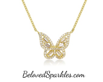 Mariposa 14mm Butterfly Baguette Cubic Zirconia Silver Pendant Necklace-Cubic Zirconia Diamond Butterflies Fashion Pendant Necklace