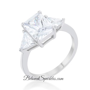Gretchen 3ct Radiant Cubic Zirconia Three Stone Silver Engagement Ring-4.5ct Radiant Cut Tri Stone Silver Wedding Anniversary Ring-R108451R