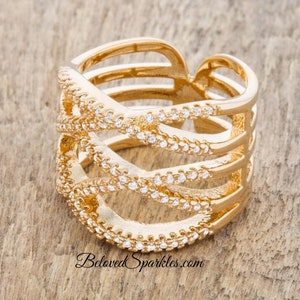 Mandy 0.8ct Cubic Zirconia 14k Gold Contemporary Wide Band Ring-Clear Cubic Zirconia Goldtone Contemporary Minimalist Fashion Cocktail Ring