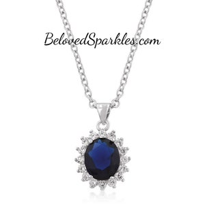 Kate 6.5ct Sapphire Oval Cut CZ Halo Pendant Necklace-Vintage Sapphire Royal Blue Cubic Zirconia Pendant-Wedding Bridal Bridesmaid Pendant