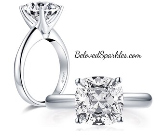 Danae 9mm (4carat) Cushion Cut Solitaire Cubic Zirconia 925 Sterling Silver Engagement Ring | Faux Diamond Bridal Wedding Anniversary Ring