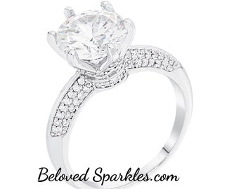 Adeline 3ct Round Solitaire CZ Silver Engagement Ring-Vintage 3ct Round Cut Cubic Zirconia Diamond Statement Wedding Bridal Fashion Ring