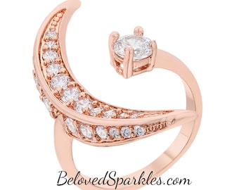 Luna Celestial Star Moon 1.2ct CZ Rose Goldtone Fashion Ring-Moon Star Rose Gold Cubic Zirconia Fashion Wrap Band Ring-Celestial Jewelry