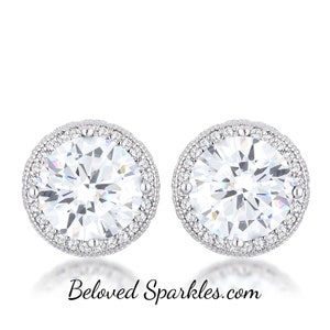 Jan 9mm round 2.9ct Cubic Zirconia Halo Silver Stud Earrings-Classic Large Round Halo Silvertone Women  Fashion Wedding Bridal Studs