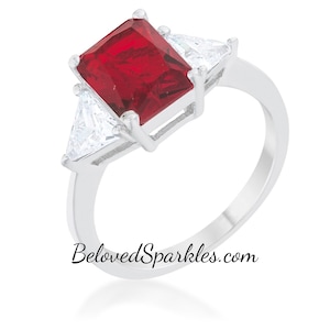 Gretchen 3ct Ruby Radiant Cubic Zirconia Three Stone 4.5ct Silver Engagement Ring-4.5ct Radiant Cut Tri Stone Wedding Anniversary Ring