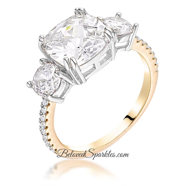 Carmen 2.75ct Cushion CZ Three Stone 18k Gold Engagement Ring-Vintage Clear Cushion Cut Tri-Stone Bridal Anniversary Statement Ring-ER108709