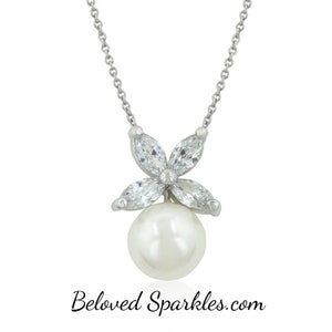 Misty Freshwater Pearl Marquise Flower CZ Pendant Necklace-White Faux Pearl Cubic Zirconia Silver Pendant-Wedding Bridal Bridesmaid Pendant