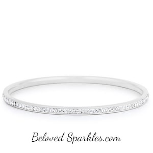 Katlynn Silver Crystal 1 Carat Bangle Bracelet-Cubic Zirconia Fashion Stackable Trendy Silvertone Bangle-CZ Wedding Bridesmaids Bangle
