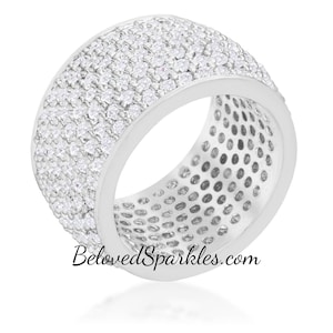 Cherish Wide Paved 12ct Cubic Zirconia Cluster Silvertone Eternity Band Ring-Cluster Eternity CZ Diamond Cocktail Fashion Wedding Band Ring