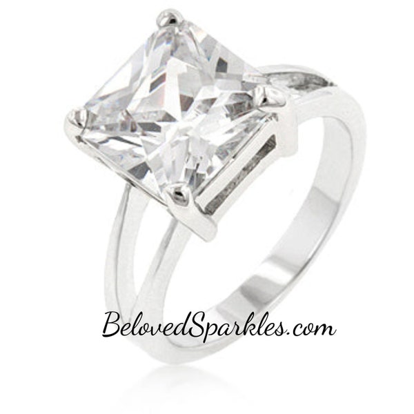 Nadine Clear 10mm Princess Cut 5.6ct Cubic Zirconia Silver Engagement Ring-Princess CZ Diamond Solitaire Bridal Wedding Anniversary Ring