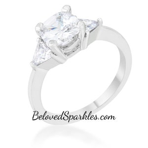 Shonda 7mm Cushion Cut 1 Carat Cubic Zirconia Three Stone Silver Engagement Cocktail Ring - 2.8 Carat Promise Wedding Cocktail Ring