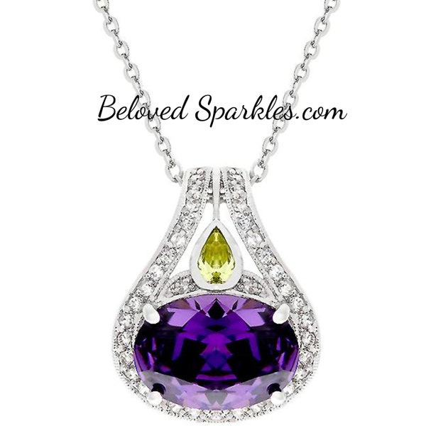 Dumia 9ct Amethyst Oval CZ Vintage Majestic Silver Pendant-Amethyst Purple Cubic Zirconia Diamond Statement Silver Wedding Bridal Necklace