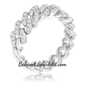 Leigh CZ Flexible Chain Silver Band Ring- Paved Round Cubic Zirconia Stackable Contemporary Silvertone Fashion Band Ring
