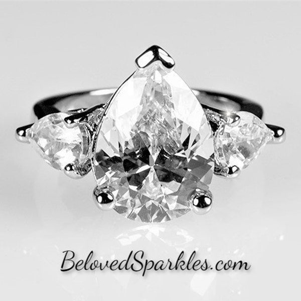 Delilah 13mm 6ct Pear Cut Three Stone 7.5ct CZ Engagement Anniversary Ring-Large Tear Drop Cubic Zirconia Bridal Wedding Anniversary Ring