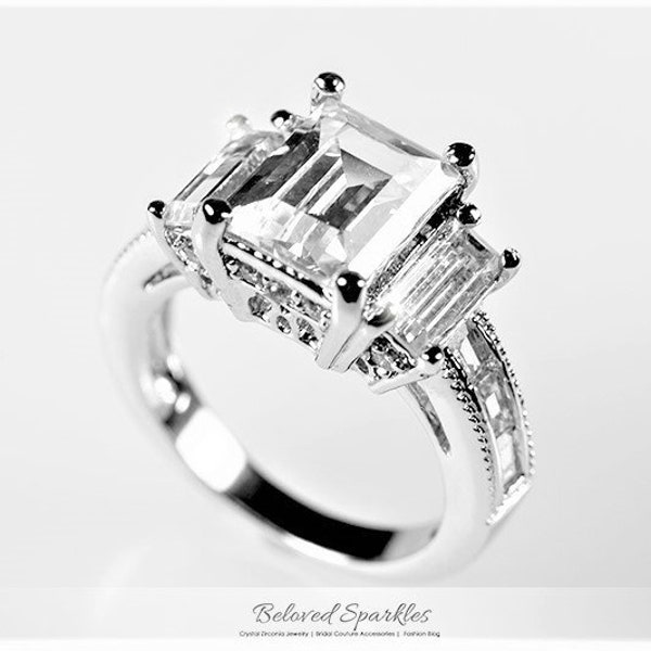 Alina 3ct Emerald CZ Three Stone 6ct Engagement Statement Ring-6 Carat Emerald Cubic Zirconia Vintage Bridal Wedding Anniversary Ring