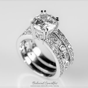 Elnora 8.3mm 2.8ct Round CZ Engagement Three Rows Engagement Wedding Ring Set-Bridal Solitaire 4ct Cubic Zirconia Vintage Anniversary Ring
