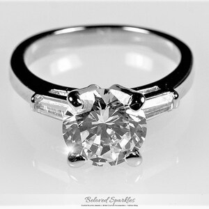 Cheryl 9mm 2.8ct Round Solitaire and Baguette CZ 3ct Engagement Ring-Round Cut Cubic Zirconia Bridal Wedding Anniversary Promise Ring