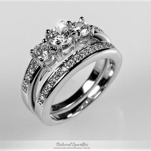 Raquel Three Round Cubic Zirconia 2.2ct Engagement and Wedding Ring Set-Tri-Stone Round Cut CZ Silver Bridal Anniversary Promise Ring Set
