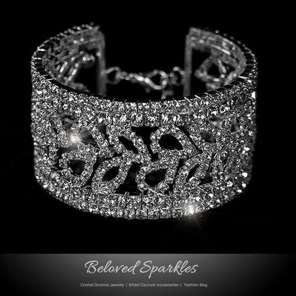 Rhinestone Cuff Bangle Bracelet,  Floral Crystal Cluster Cuff Bracelet, Wedding Bridal Bridesmaid Cuff Bracelet, Fashion Cuff Bracelet