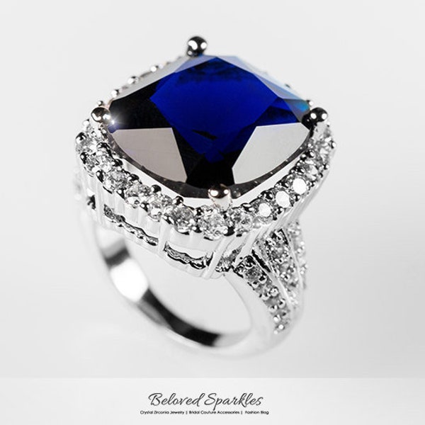 Dalphine 20ct Sapphire Blue Cushion Cut Cubic Zirconia Cocktail Statement Ring-22ct Sapphire Cubic Zirconia Halo Diamond Statement Ring