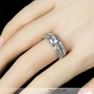 Lupe 5mm 0.5ct Princess Cut Filigree Cubic Zirconia 2ct Engagement and Wedding Ring Set-2 Carat Princess CZ Diamond Promise Fashion Ring Set