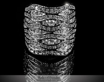 Sandra 10ct Cubic Zirconia Paved Abstract Cocktail Band Ring-10 Carat CZ Art Deco Eternity Cluster Wide Band Statement Cocktail Fashion Ring