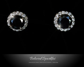 Isla Black Onyx 1.2ct 12mm Black CZ Round Halo Stud Earrings-Black Cubic Zirconia Fashion Studs-Wedding Bridesmaid Earrings-BSJSE13463BK