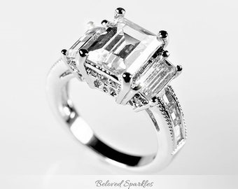 Alina 3ct Emerald CZ Three Stone 6ct Engagement Statement Ring-6 Carat Emerald Cubic Zirconia Vintage Bridal Wedding Anniversary Ring