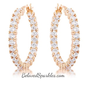 Abella 1.25&quot; Inside Outside 3mm CZ Rose Gold Hoop Earrings-33mm Large Cubic Zirconia Stimulate Faux Diamond Goldtone Eternity Circle Hoops