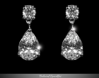 Nola 4 (ct) Pear Cut Drop CZ Silver Dangle Earrings-Cubic Zirconia Tear Drop Dangle Earrings-Bridal Wedding Bridesmaid Earrings