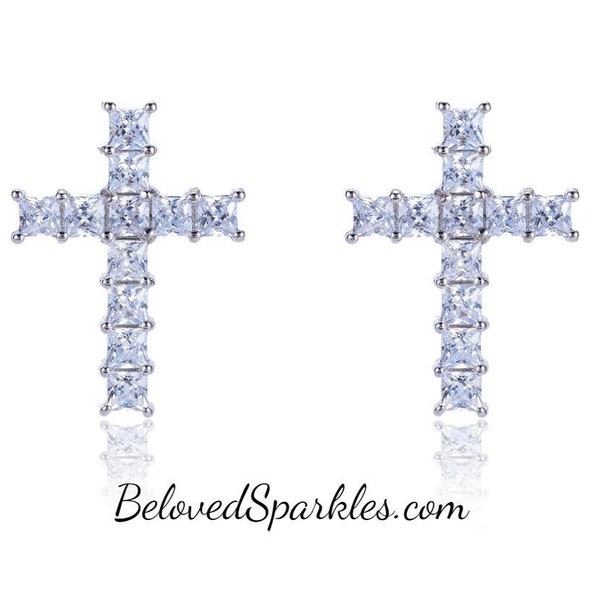 Lori 19mm Princess CZ Silver Cross Stud Earrings-Fashion Cross Cubic Zirconia Religious Cross Silvertone Studs-Stimulate Faux Diamond Studs