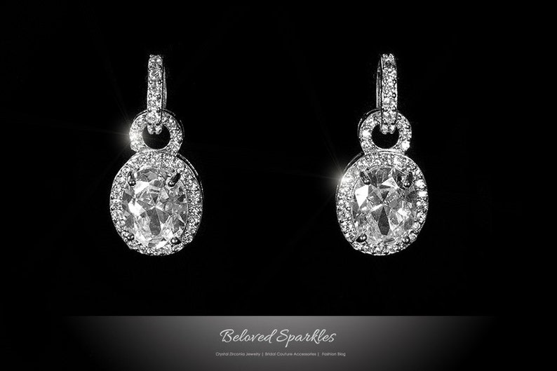 Bridal Drop Earrings 8 Carat Oval Cut Halo CZ Silver Dangle Earrings Bridesmaid Earrings Wedding Earrings Cubic Zirconia Dangle Earrings