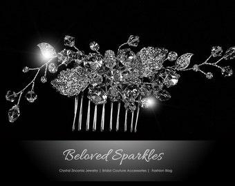 Bridal Hair Comb, Vintage Leaf Floral Spray Cluster Swarovski Crystal Hair Comb, Leafs Rhinestone Wedding Hair Comb, Bridesmaid Hair Comb