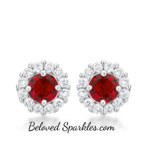 Belle 6mm 2ct Ruby Red Round CZ Halo Stud Earrings-2 Carat Garnet Pink Amethyst Cubic Zirconia Halo Studs Earrings